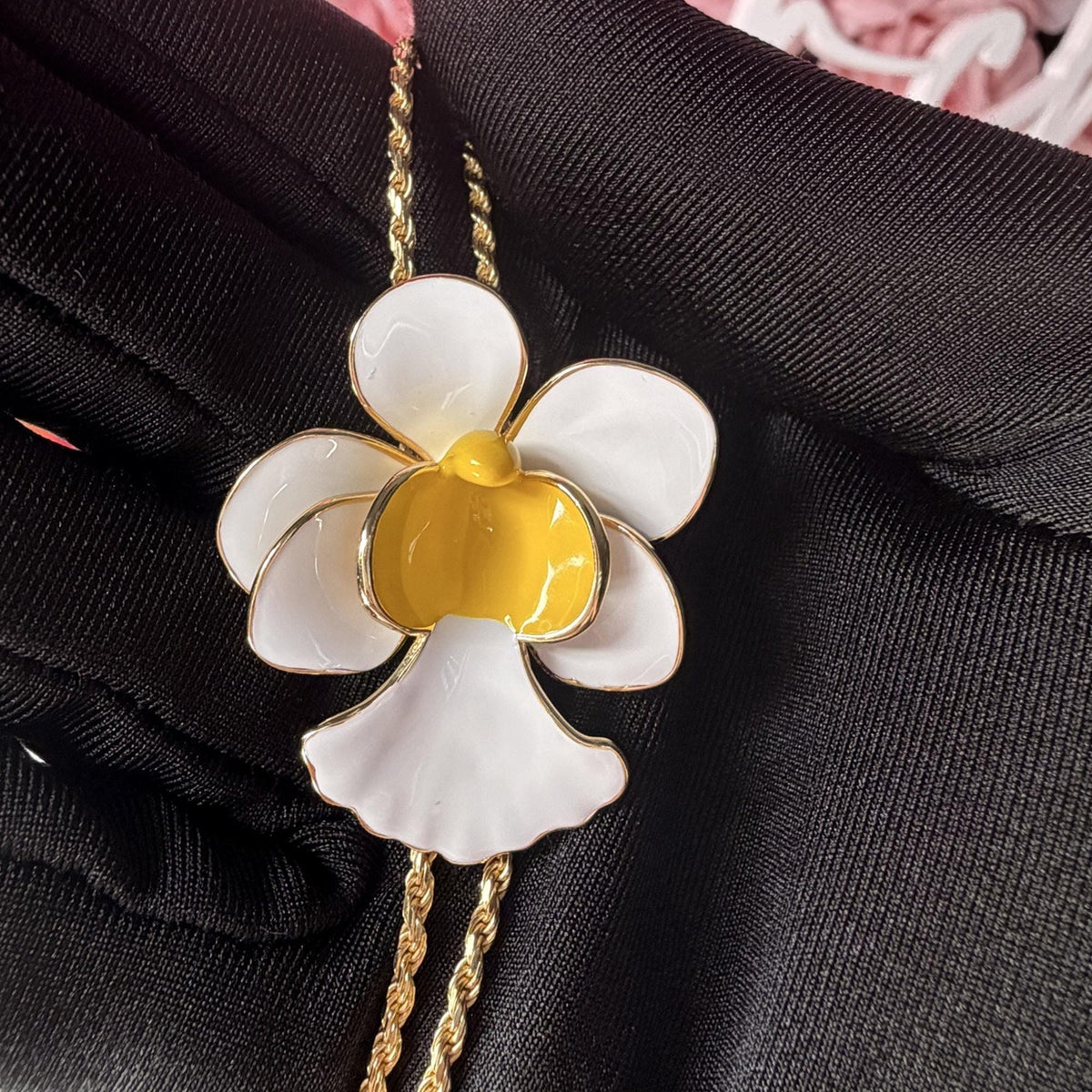 vanda orchid necklace, white and yellow enamel, 14K gold plated sterling silver, seventeenth view – Orchidique