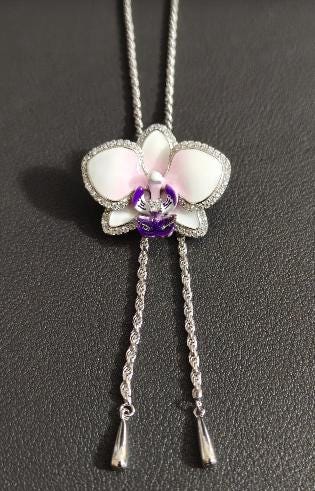 phalaenopsis orchid necklace, purple, rhodium plated sterling silver, lariat with teardrop tips – Orchidique