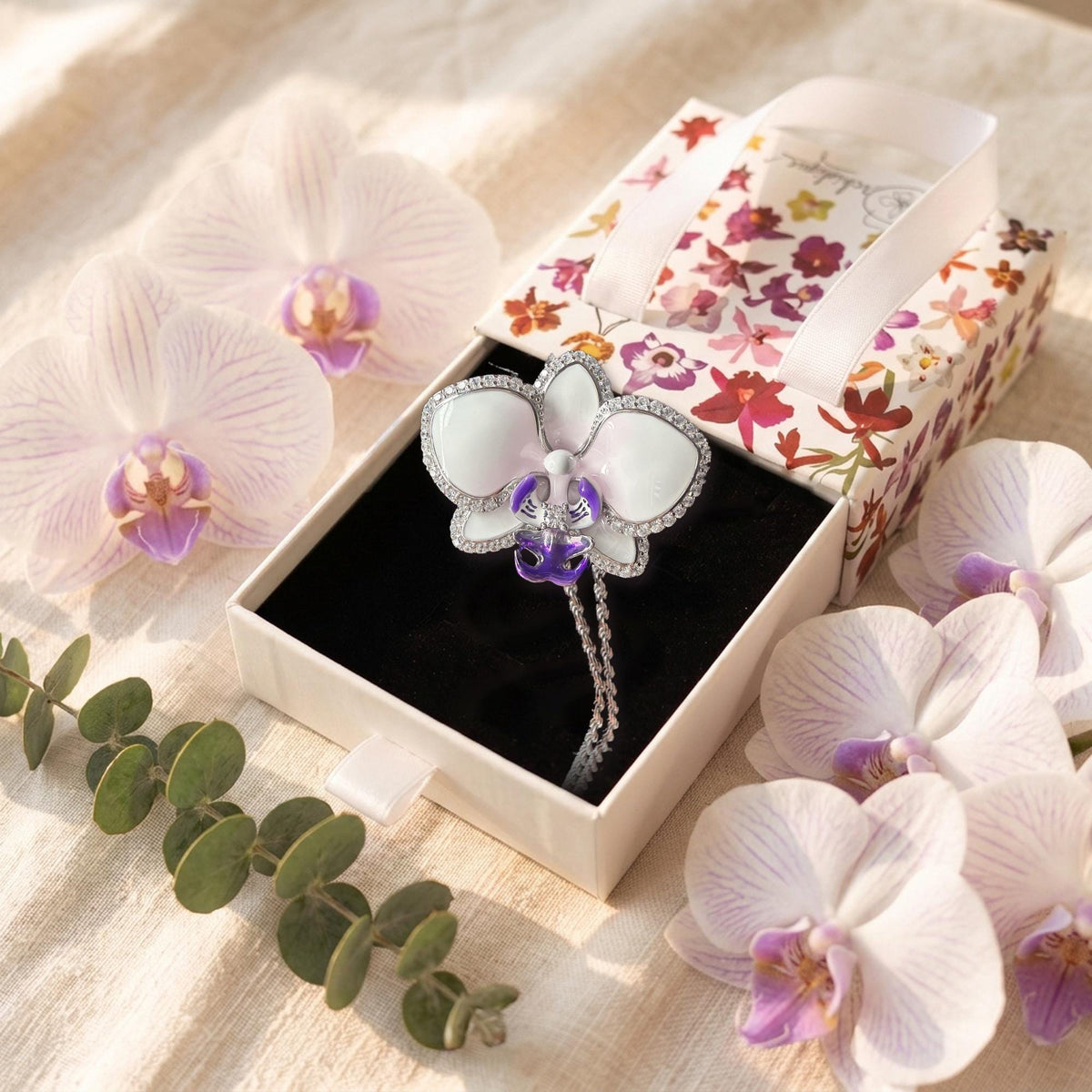 phalaenopsis orchid necklace, purple, rhodium plated sterling silver, in gift box with live orchids – Orchidique