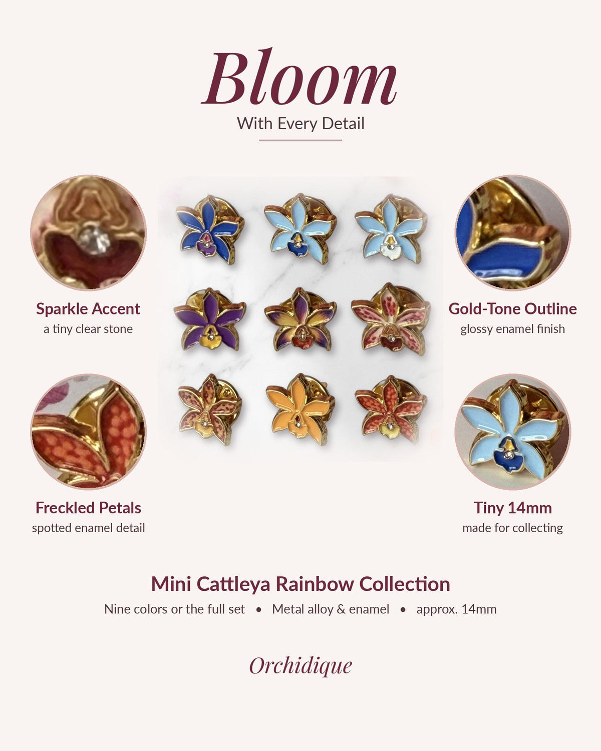 Mini Cattleya Orchid Enamel Pin • 14mm Tiny Flower Pin • Nine Colors or Set