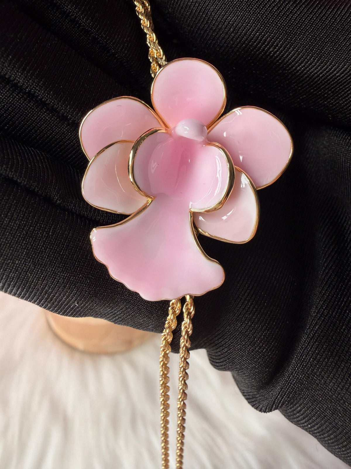 Vanda Miss Joaquim Orchid Lariat Necklace • Pink Enamel • Adjustable Gold Rope Chain