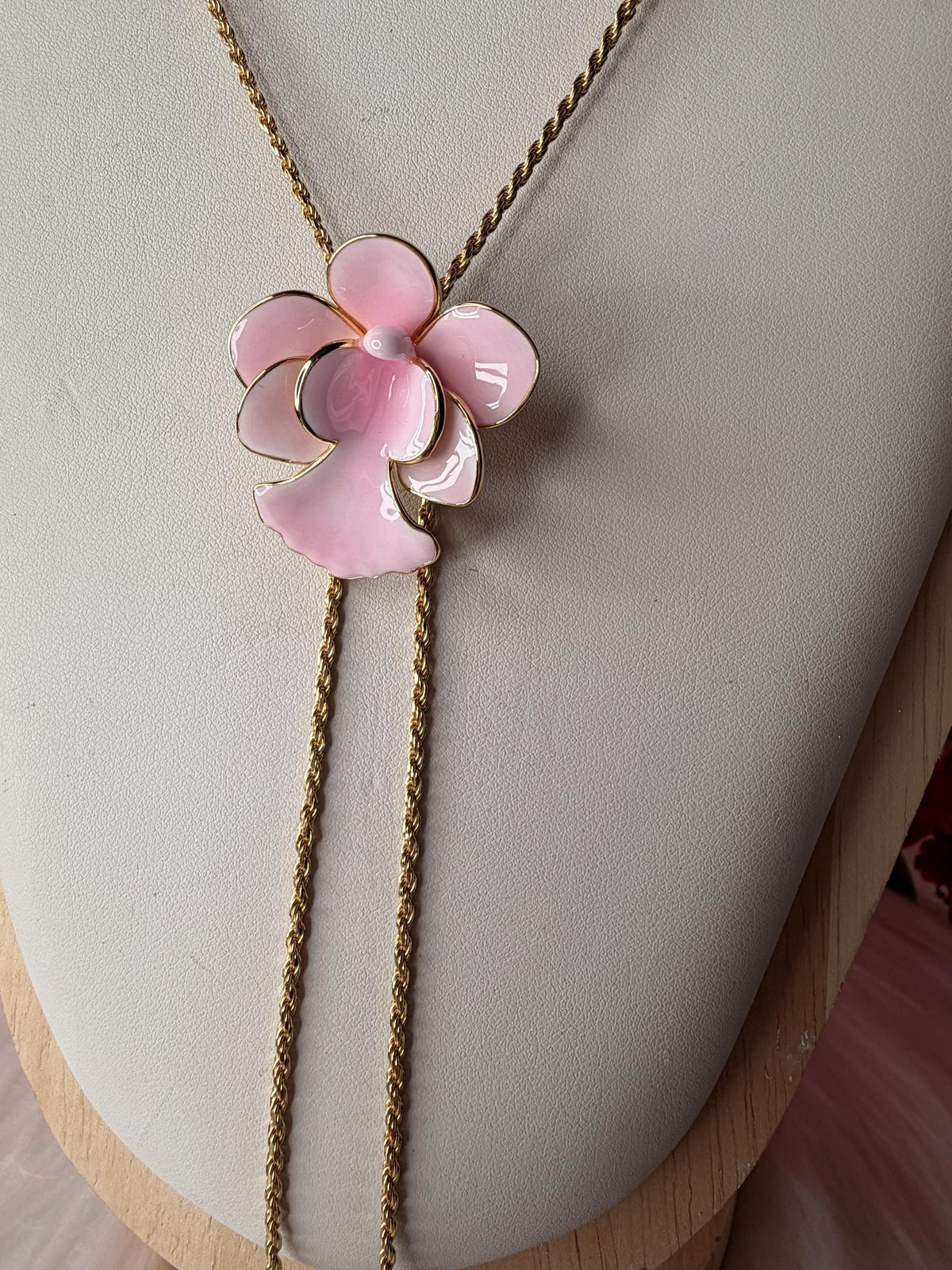 Vanda Miss Joaquim Orchid Lariat Necklace • Pink Enamel • Adjustable Gold Rope Chain