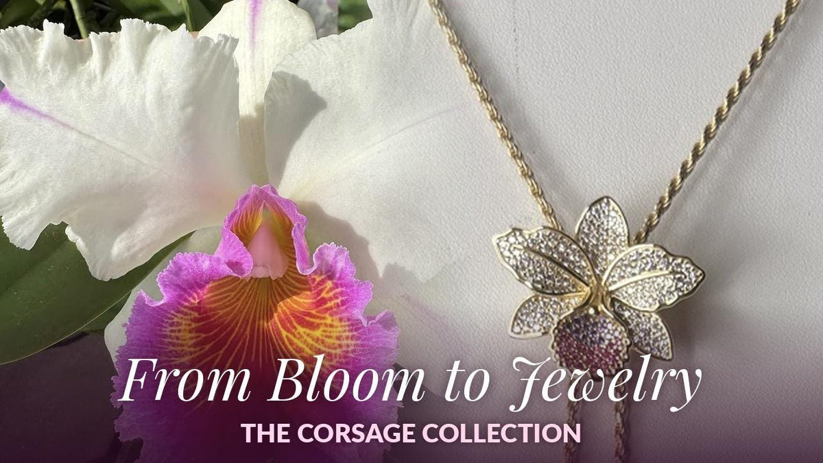 cattleya orchid necklace, 14K gold plated sterling silver, pendant beside live orchid bloom – Orchidique