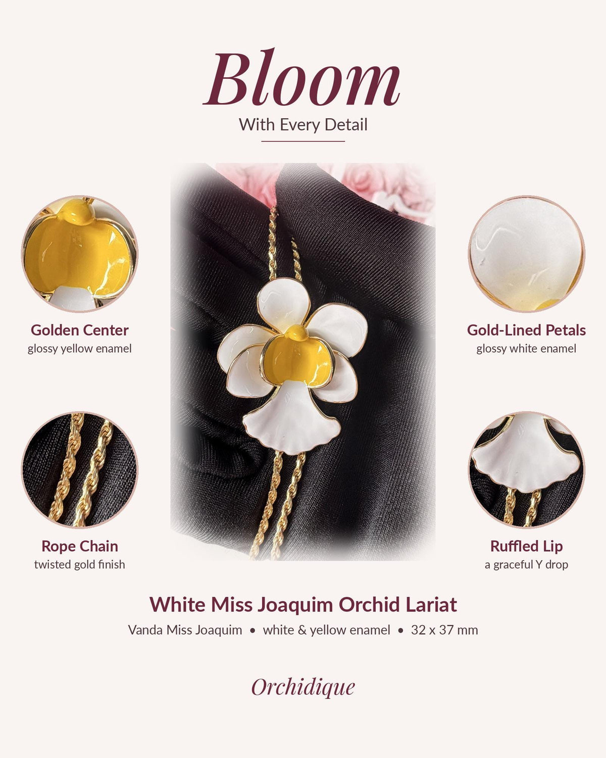 vanda orchid necklace, white and yellow enamel, 14K gold plated sterling silver, twelfth view – Orchidique