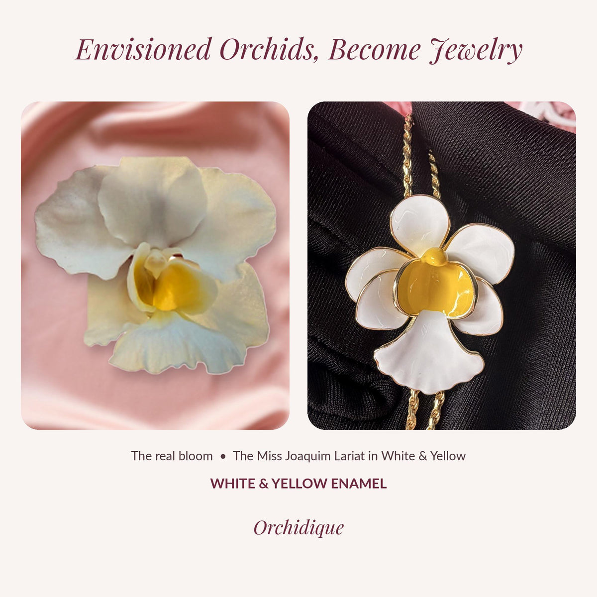 vanda orchid necklace, white and yellow enamel, 14K gold plated sterling silver, beside real bloom graphic – Orchidique
