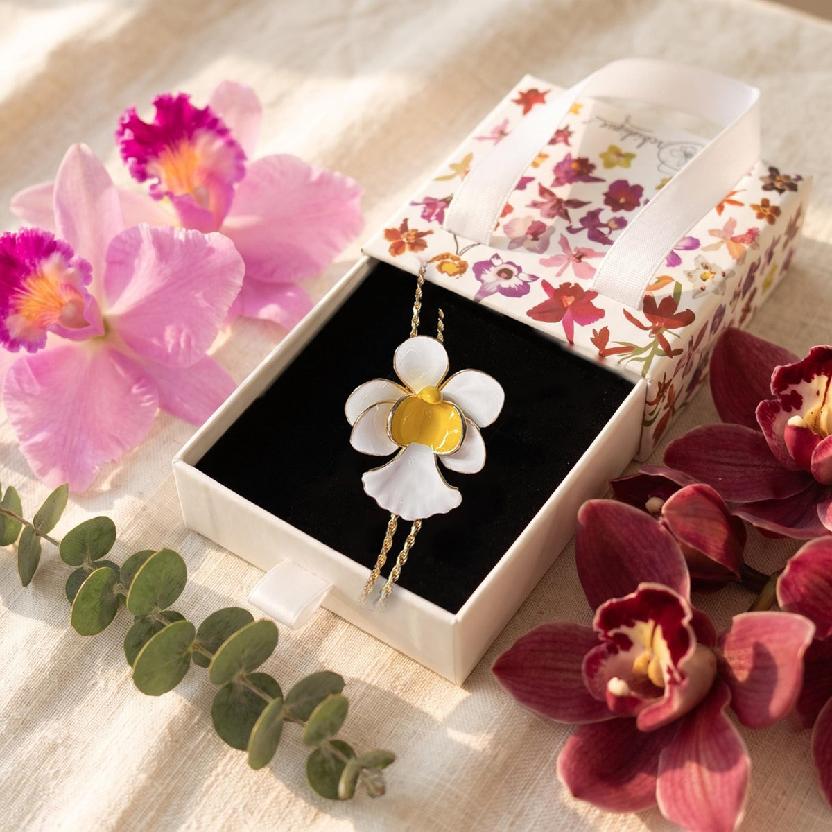 vanda orchid necklace, white and yellow enamel, 14K gold plated sterling silver, in gift box with live orchids – Orchidique