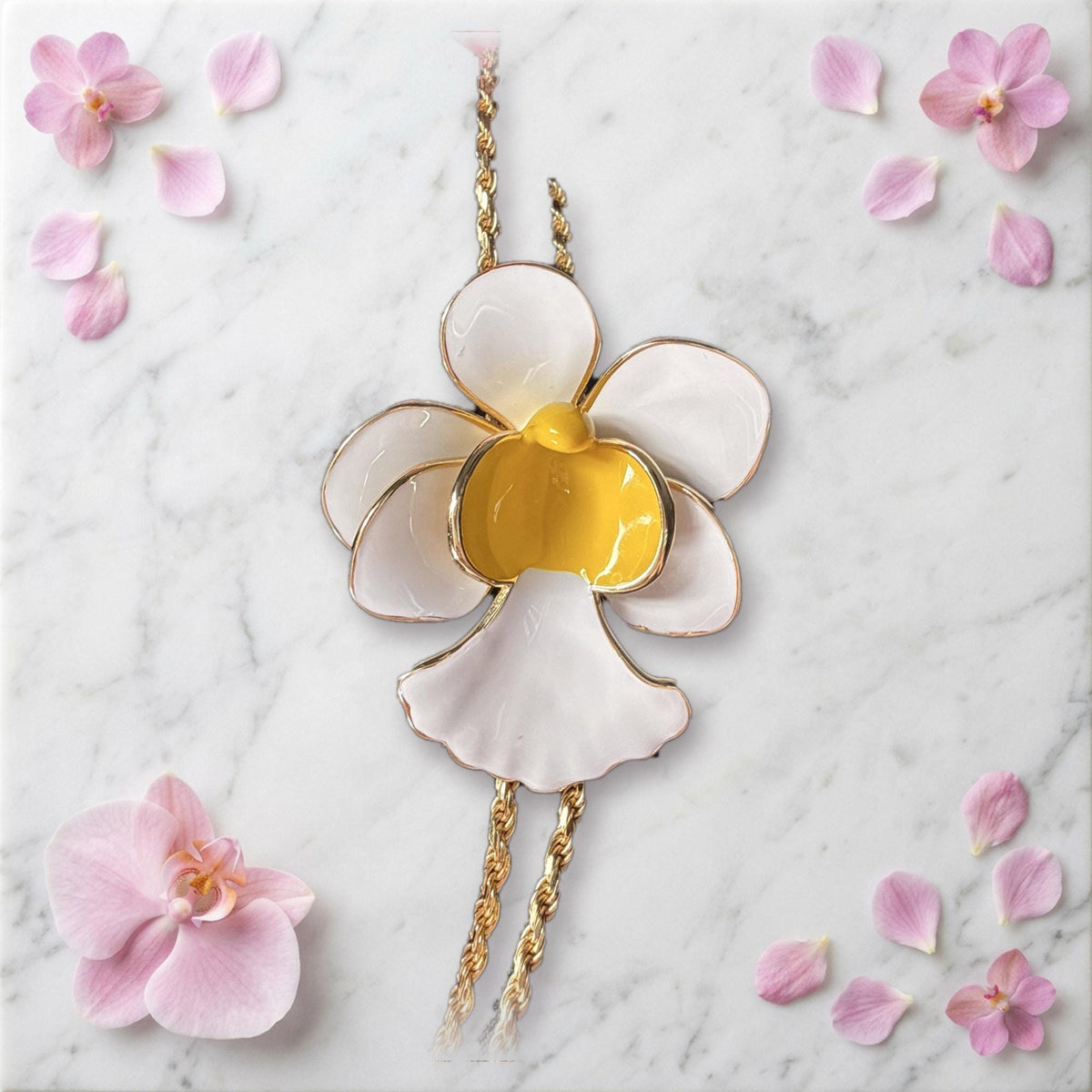 vanda orchid necklace, white and yellow enamel, 14K gold plated sterling silver, fourteenth view – Orchidique