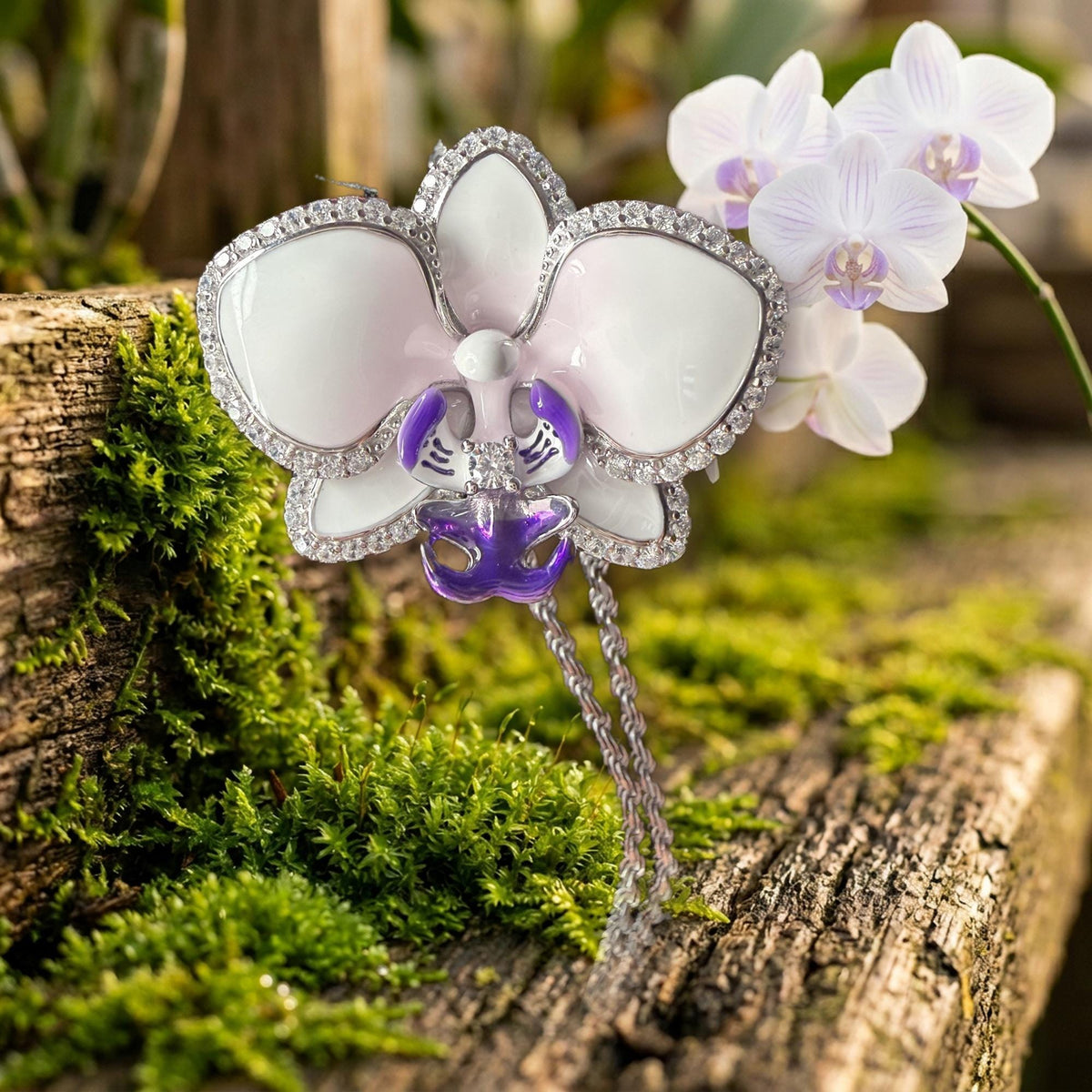 phalaenopsis orchid necklace, purple, zircon, rhodium plated sterling silver – Orchidique
