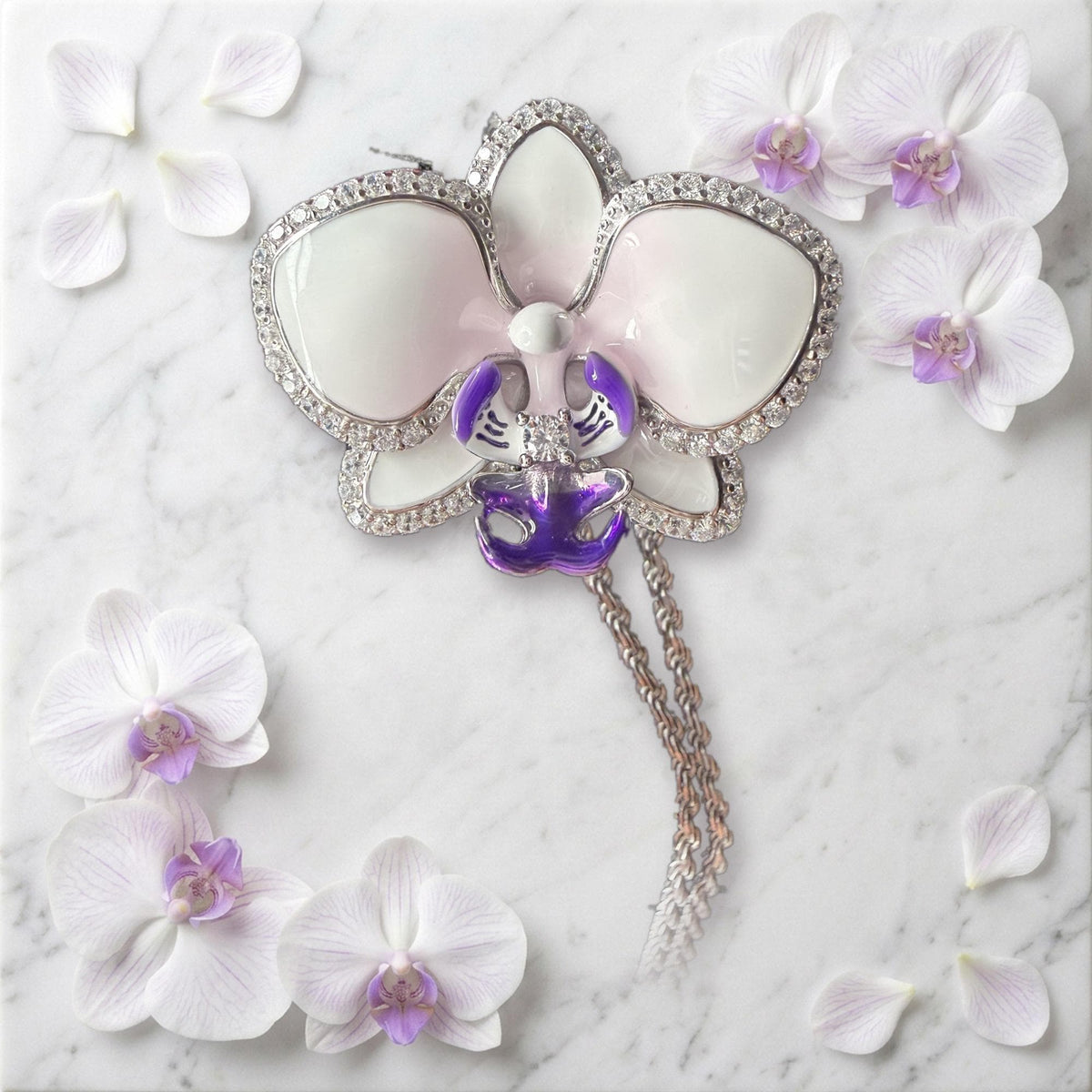 phalaenopsis orchid necklace, purple, rhodium plated sterling silver, on marble with live orchids – Orchidique