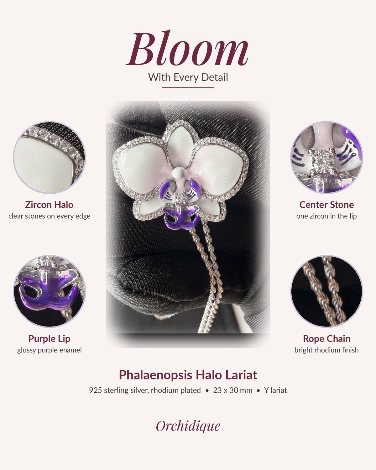 phalaenopsis orchid necklace, purple, rhodium plated sterling silver, bloom infographic – Orchidique