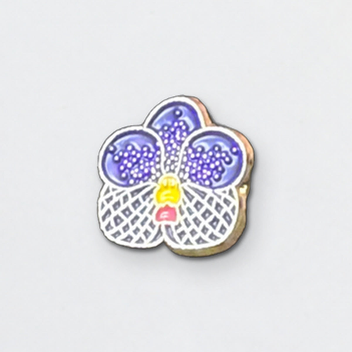 Eggplant mini Vanda orchid enamel pin with checkered white lip and gold-tone outline