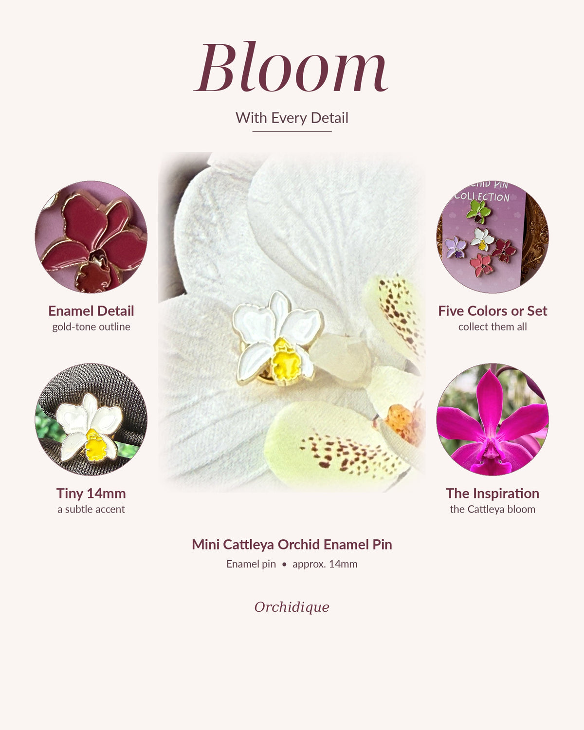 Mini Cattleya orchid enamel pin, Bloom With Every Detail