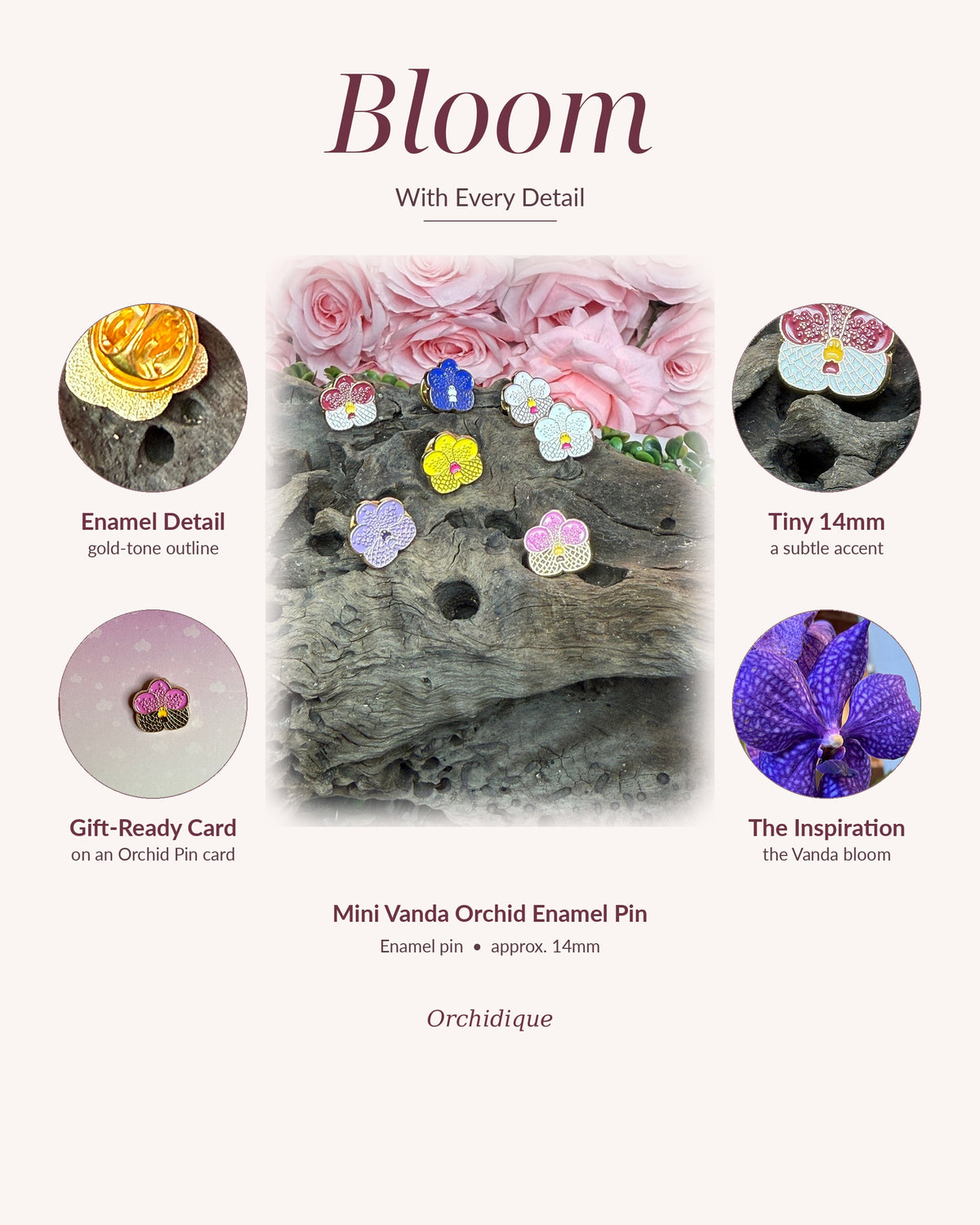 Mini Vanda orchid enamel pin, Bloom With Every Detail