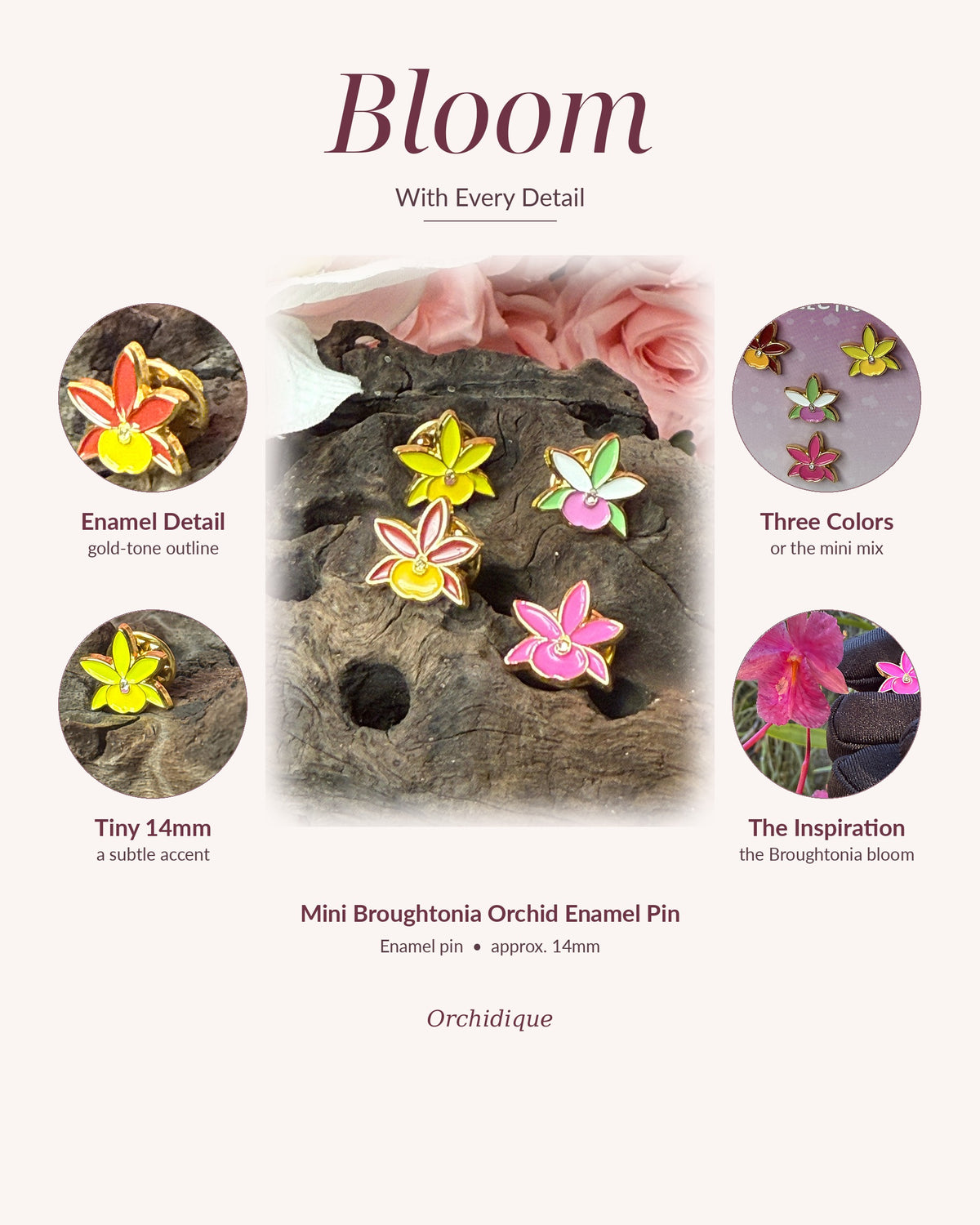 Mini Broughtonia orchid enamel pin, Bloom With Every Detail