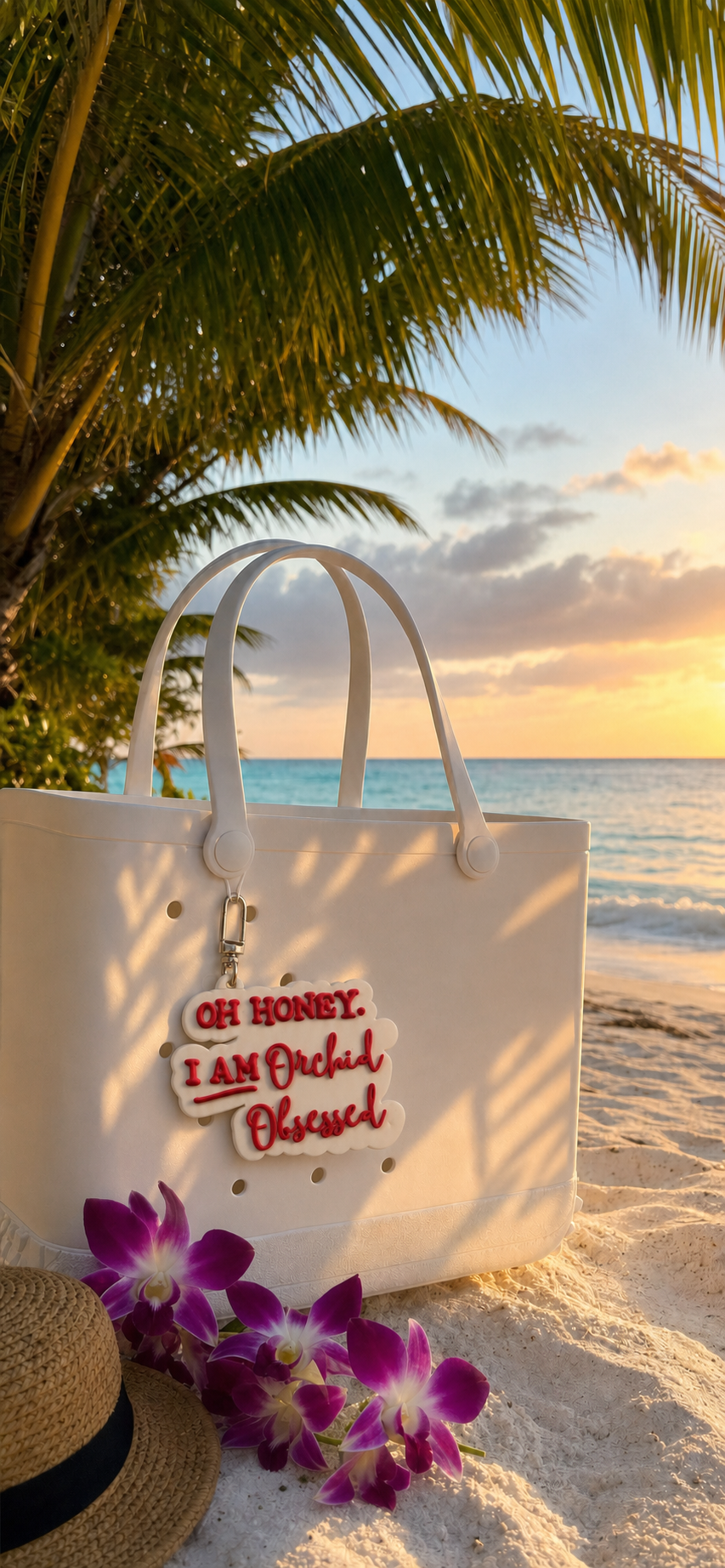 Oh Honey I'm Orchid Obsessed charm on white beach tote at sunset with purple orchids in sand - Orchidique