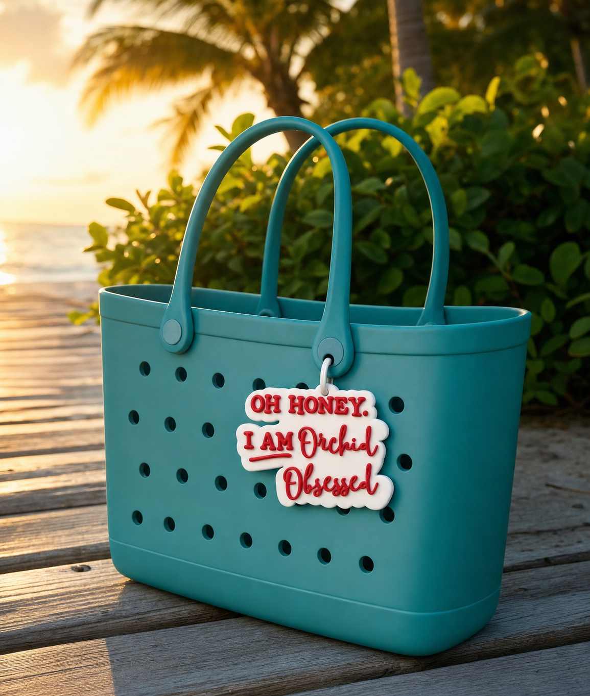 Oh Honey I'm Orchid Obsessed charm clipped to teal beach tote on wooden boardwalk at golden hour - Orchidique