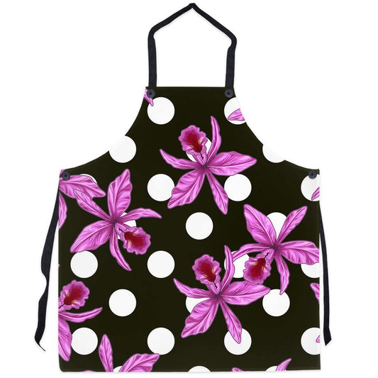 Orchid & Polka Dot Apron • Whimsical Floral Apron • Orchidique Kitchen Apron - Orchidique