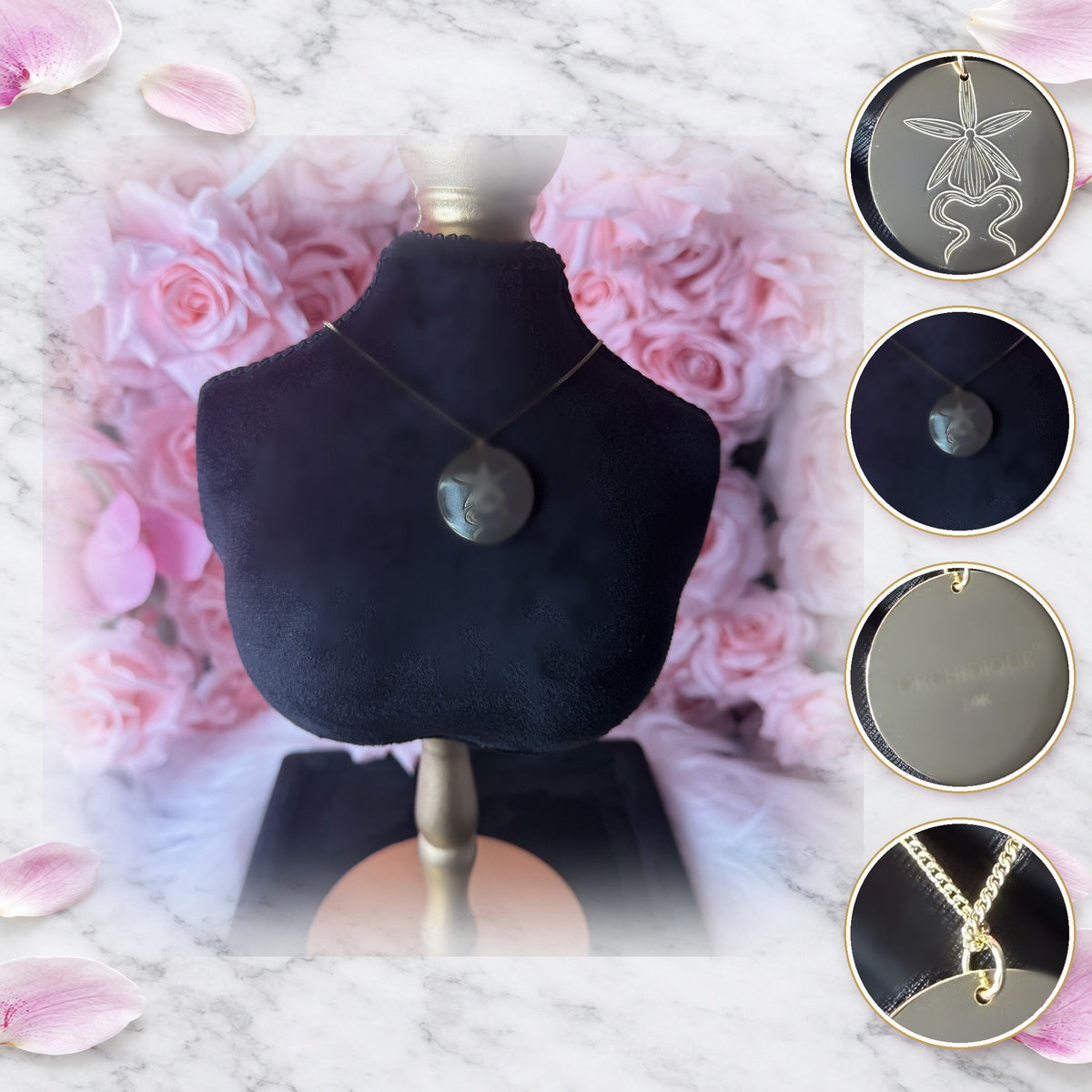 ghost orchid disc necklace, 14K gold plated sterling silver, collage on black bust with details – Orchidique