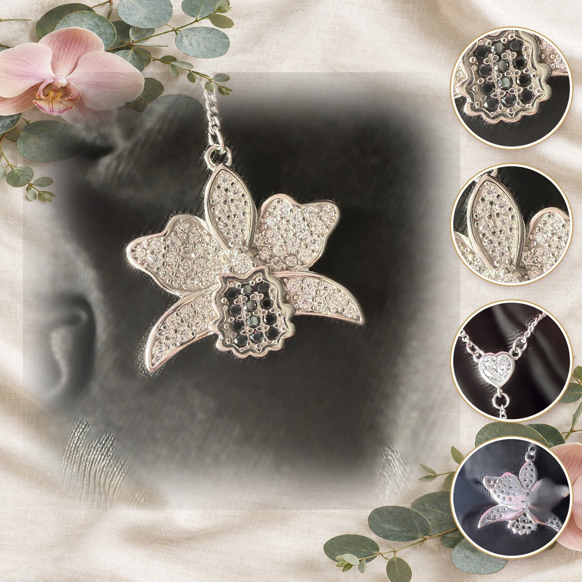 cattleya orchid necklace, black white, 14K gold plated sterling silver, collage with detail circles – Orchidique