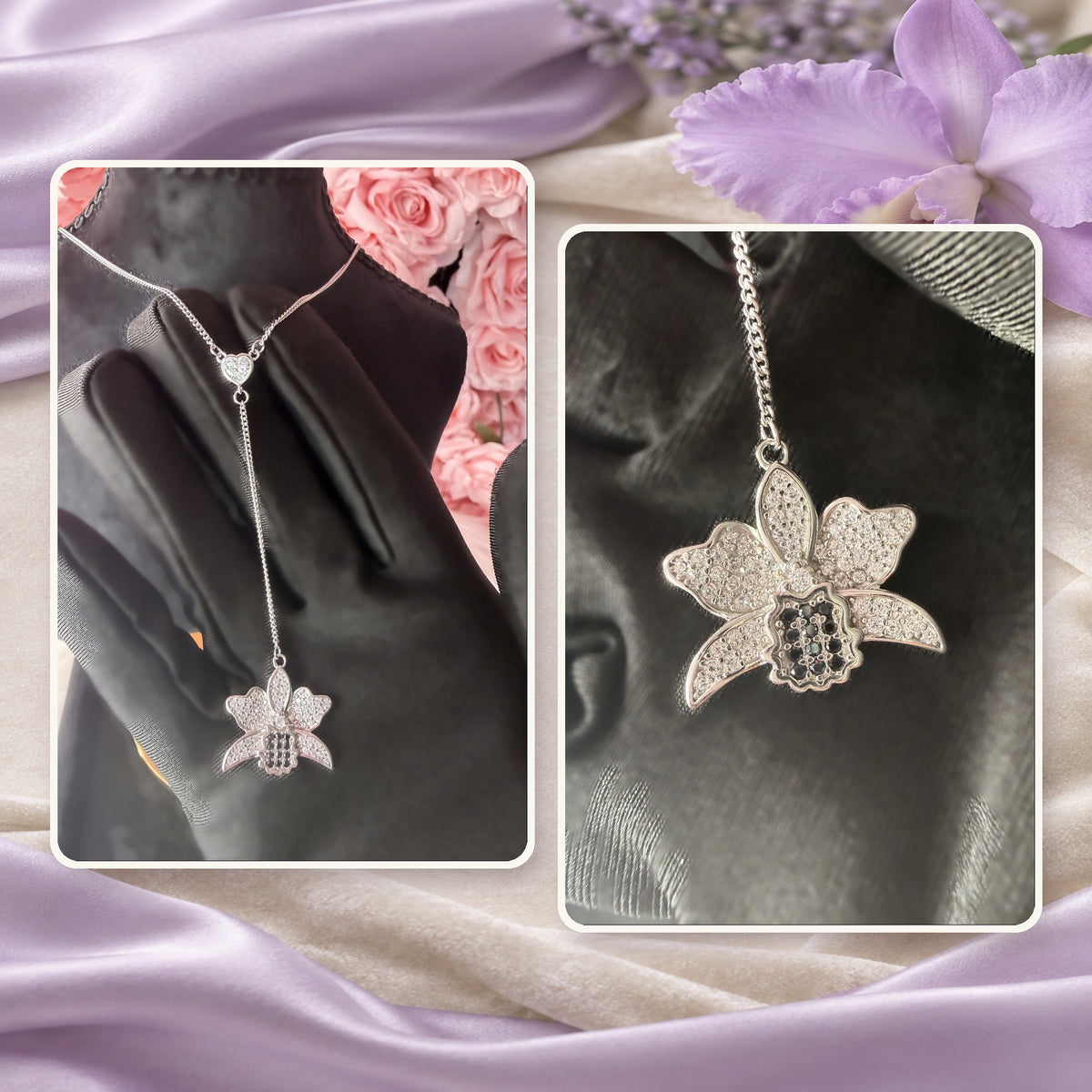 cattleya orchid necklace, black white, 14K gold plated sterling silver, product view – Orchidique