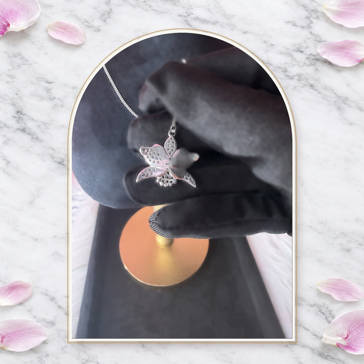 cattleya orchid necklace, black white, 14K gold plated sterling silver, eighth view – Orchidique