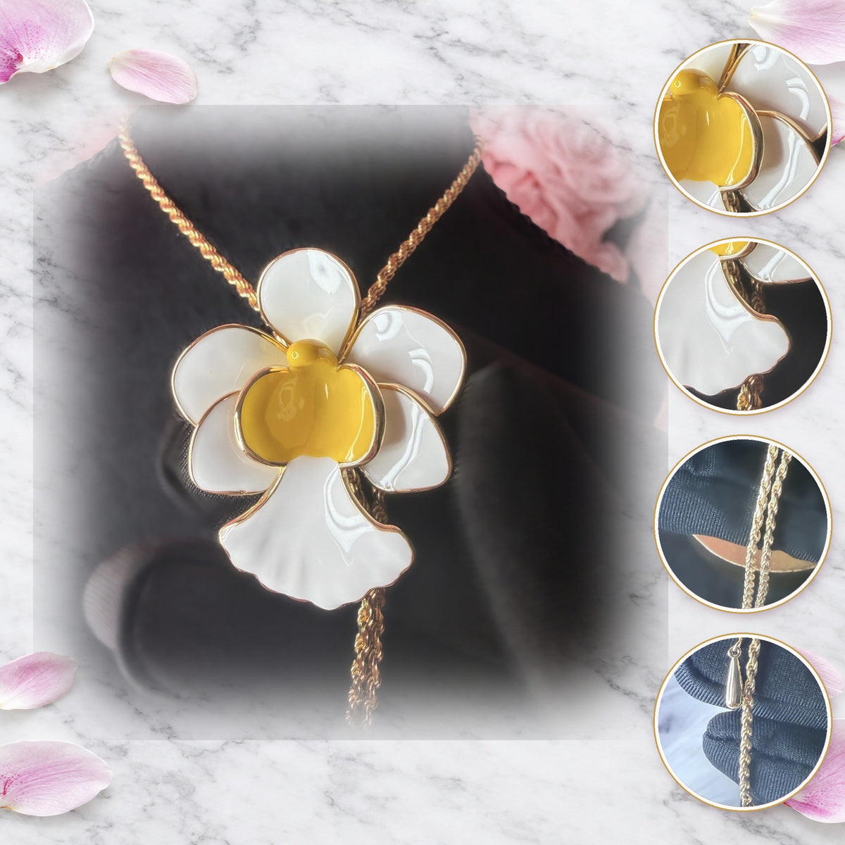 vanda orchid necklace, white and yellow enamel, 14K gold plated sterling silver, twentieth view – Orchidique
