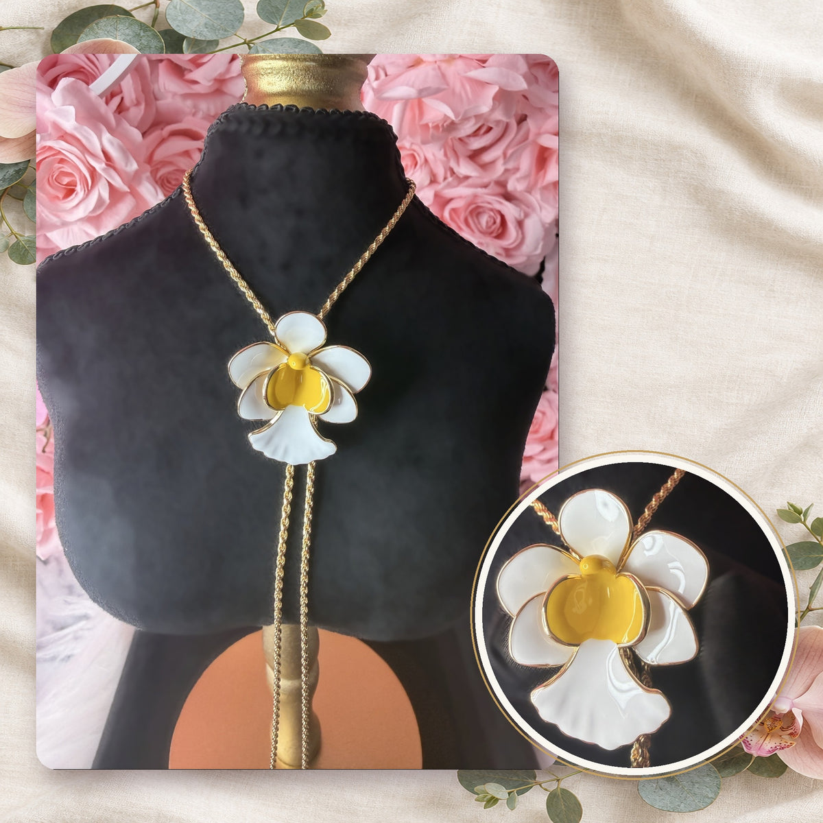 vanda orchid necklace, white and yellow enamel, 14K gold plated sterling silver, twenty-first view – Orchidique