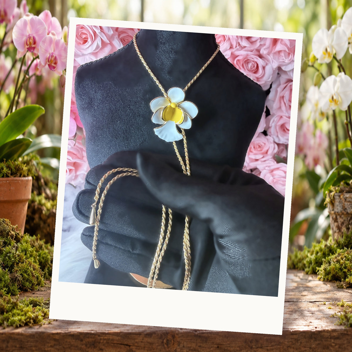 vanda orchid necklace, white and yellow enamel, 14K gold plated sterling silver, on display bust, framed photo – Orchidique