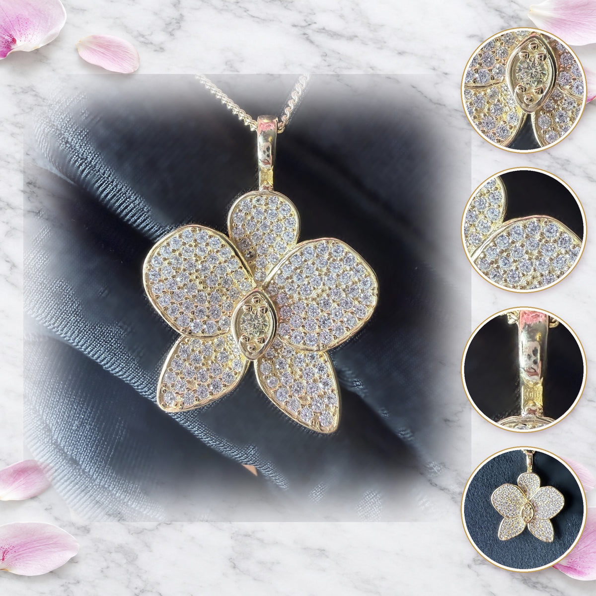 phalaenopsis orchid stud earrings, white, 14K gold plated sterling silver, tenth view – Orchidique