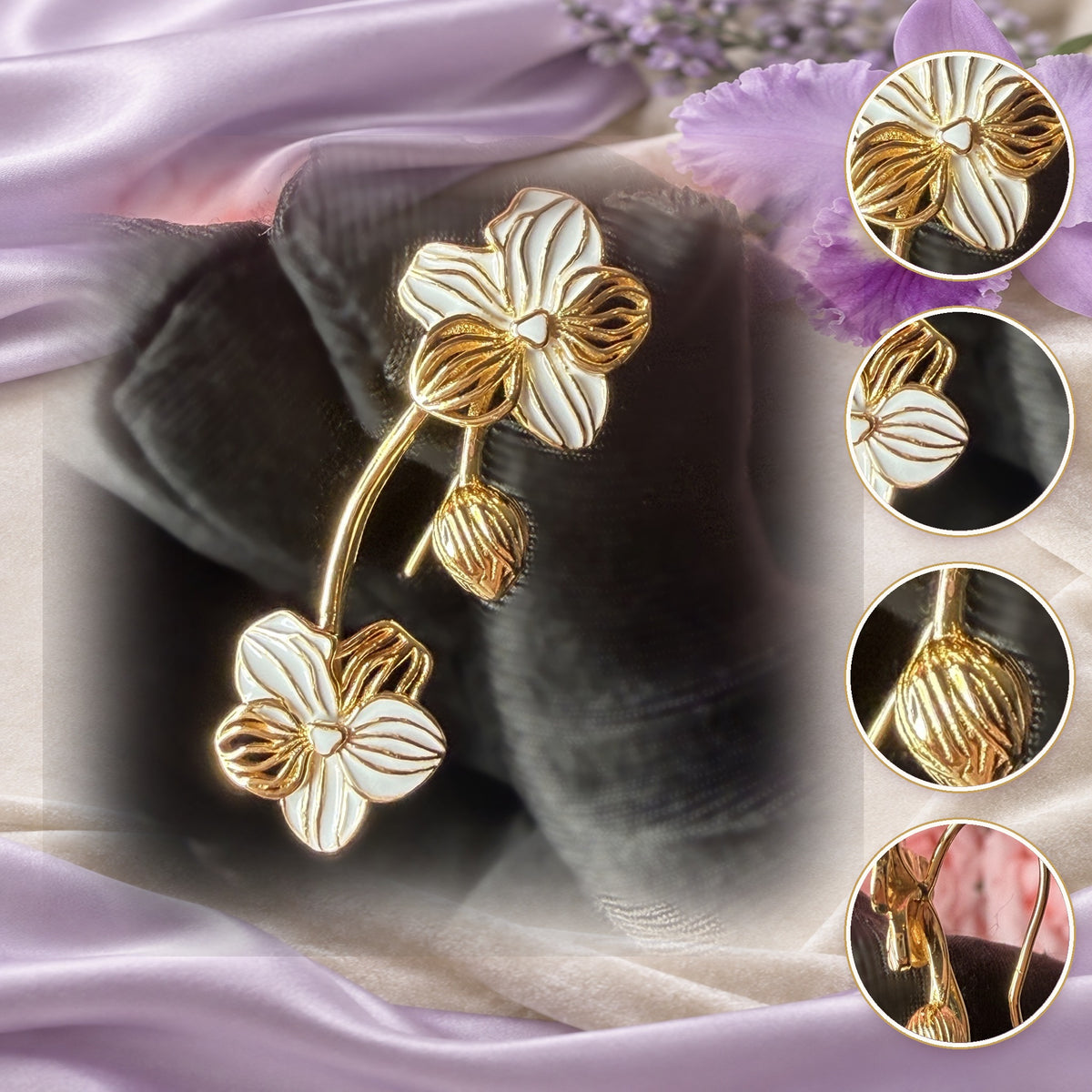 vanda orchid ear climber, white enamel, 14K gold plated sterling silver, product view – Orchidique