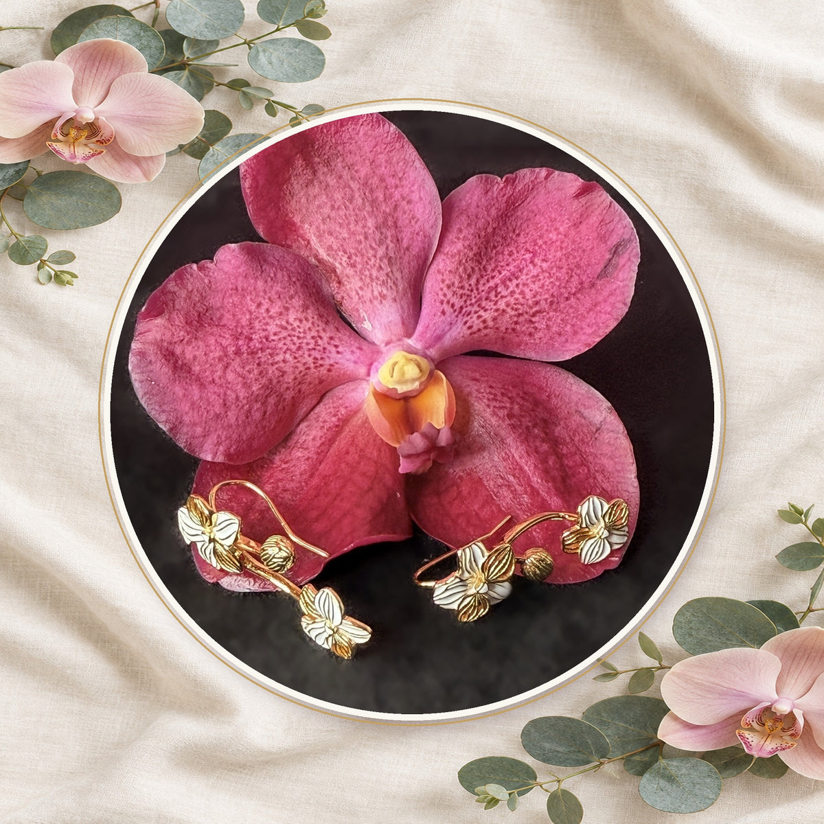 vanda orchid ear climber, white enamel, 14K gold plated sterling silver, eighth view – Orchidique