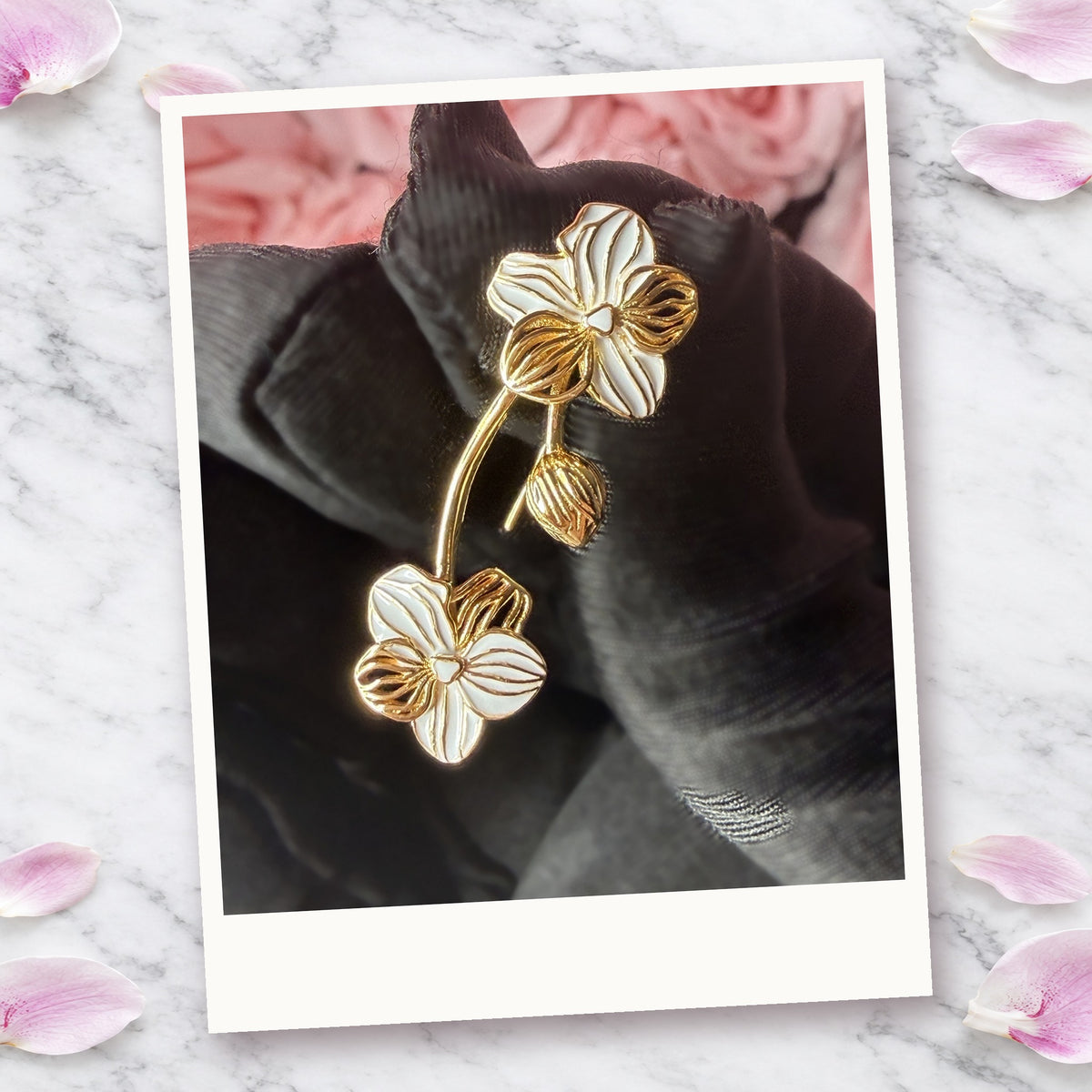 vanda orchid ear climber, white enamel, 14K gold plated sterling silver, ninth view – Orchidique