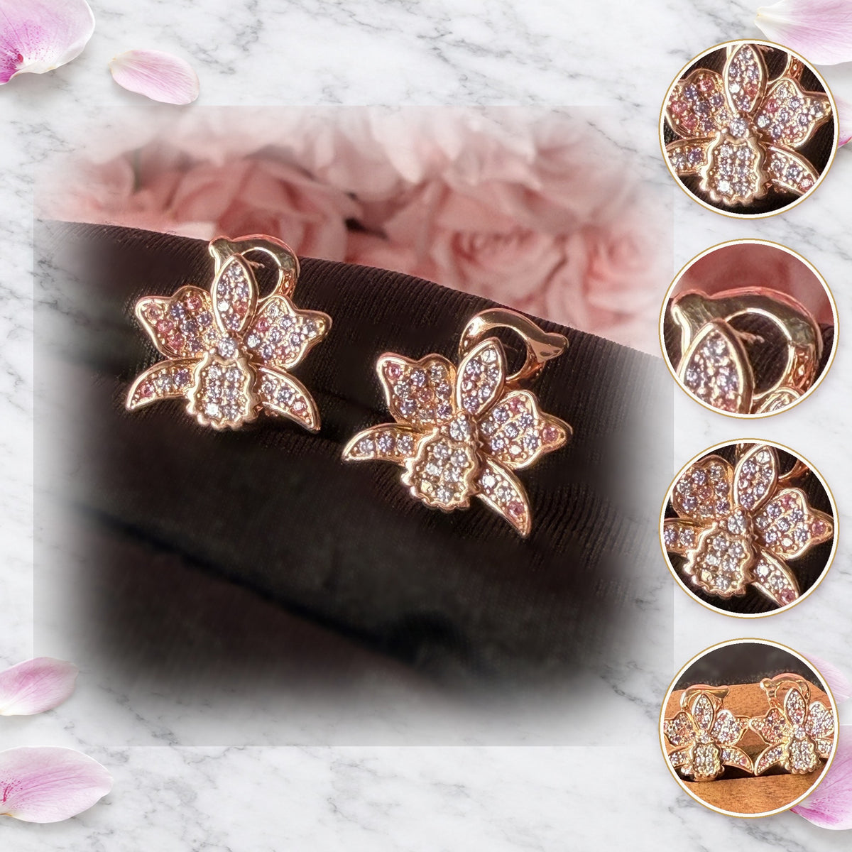 cattleya orchid huggie earrings, pink, 18K rose gold plated sterling silver, pair on black fabric with insets – Orchidique
