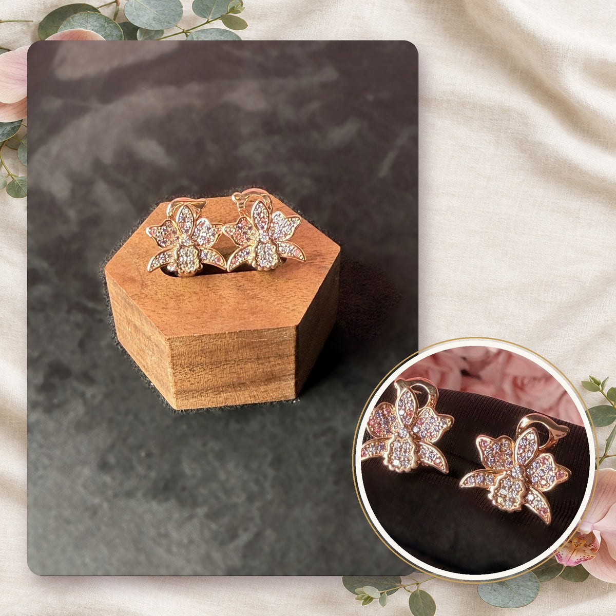 cattleya orchid huggie earrings, pink, 18K rose gold plated sterling silver, pair on wooden stand with inset – Orchidique