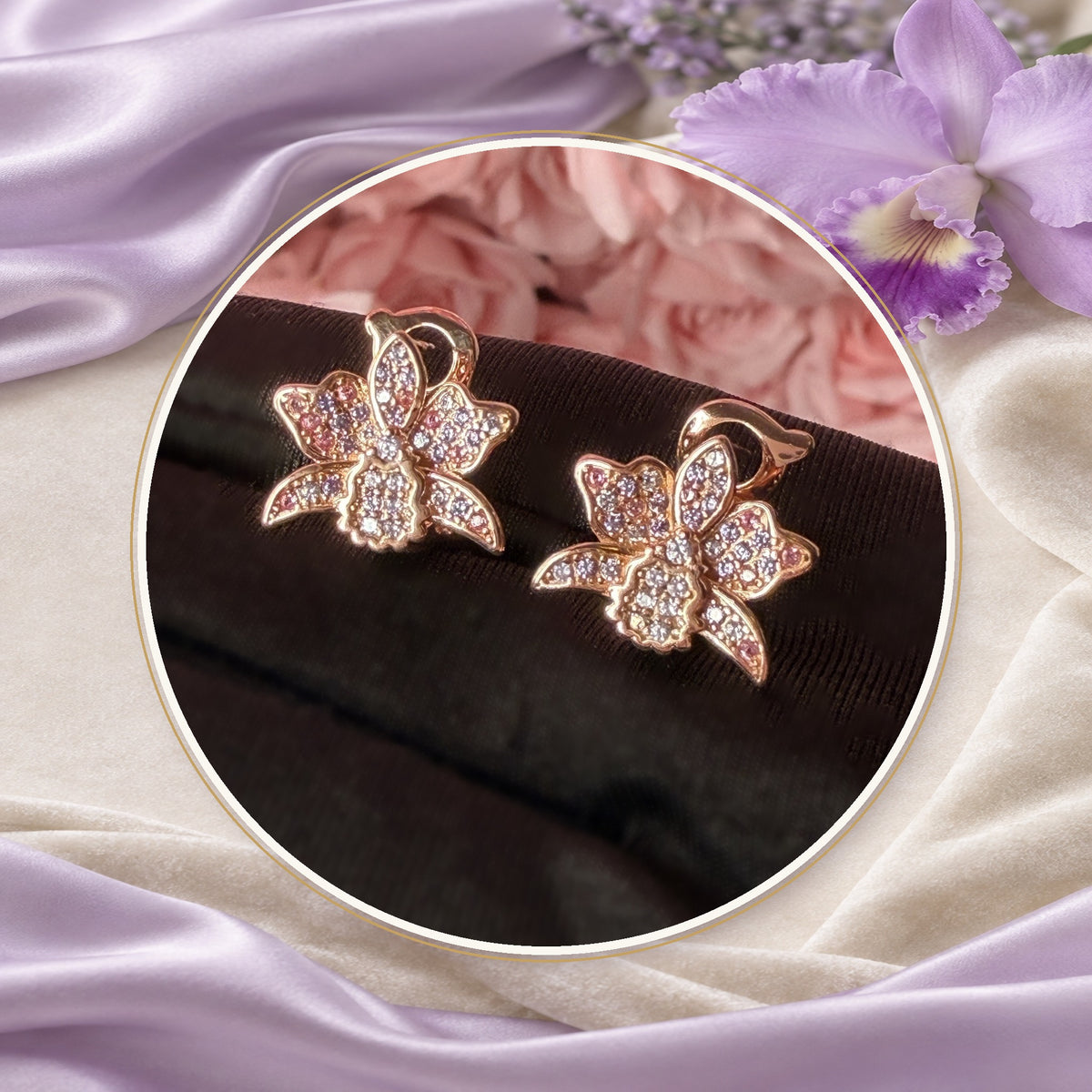 cattleya orchid huggie earrings, pink, 18K gold plated sterling silver, product view – Orchidique