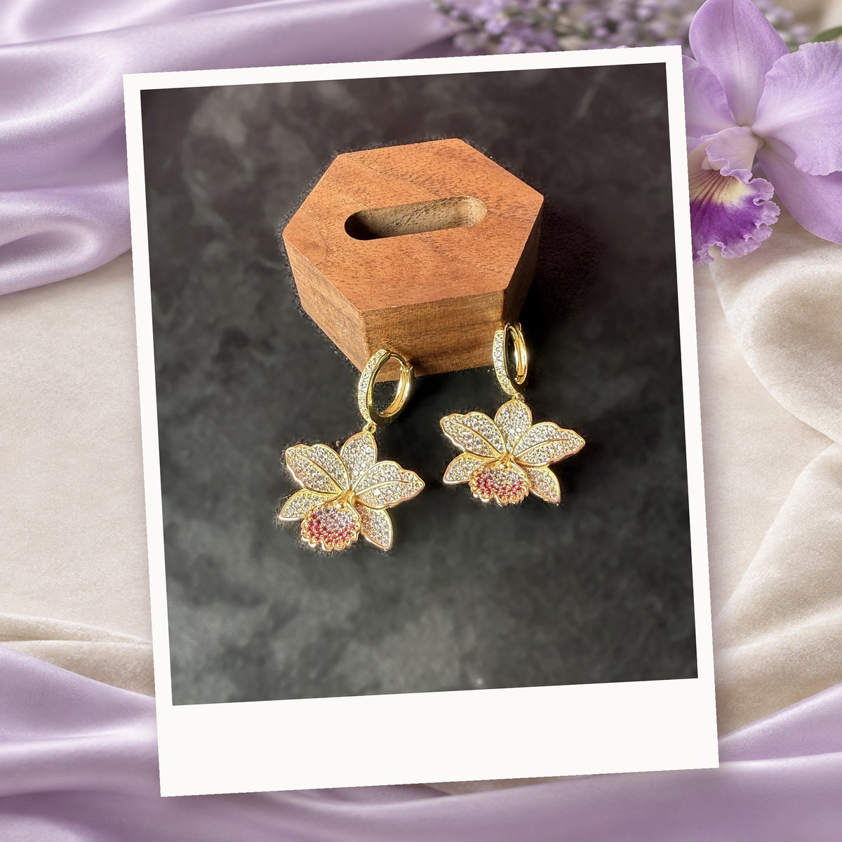cattleya orchid hoop earrings, 14K gold plated sterling silver, fourteenth view – Orchidique