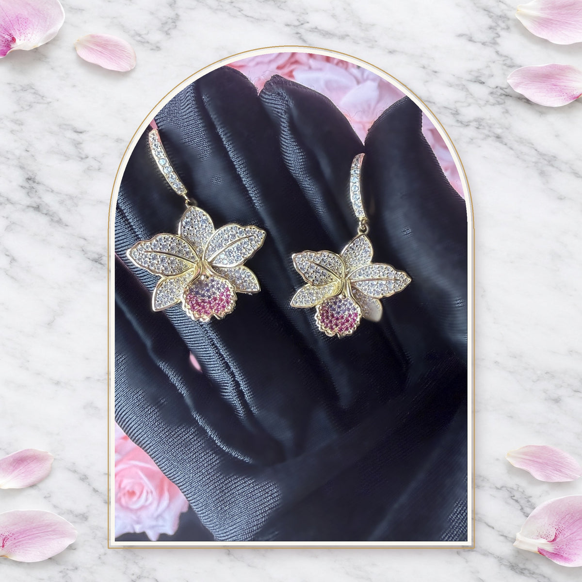 cattleya orchid hoop earrings, 14K gold plated sterling silver, fifteenth view – Orchidique