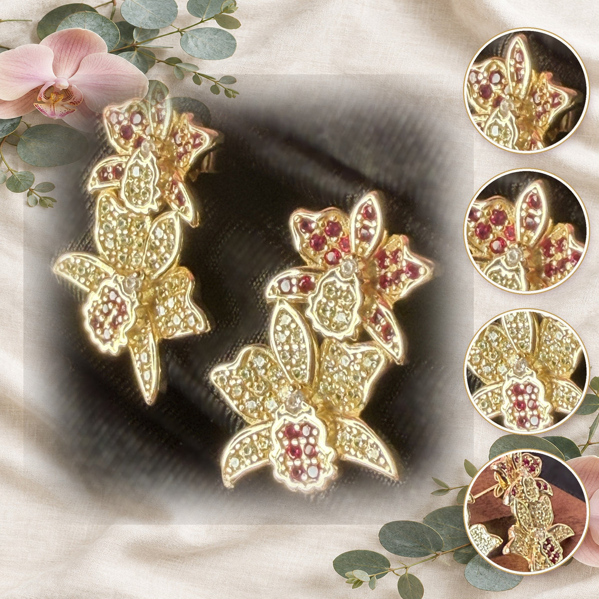 cattleya orchid drop earrings, ruby and red white, 14K gold plated sterling silver, pair with detail insets – Orchidique