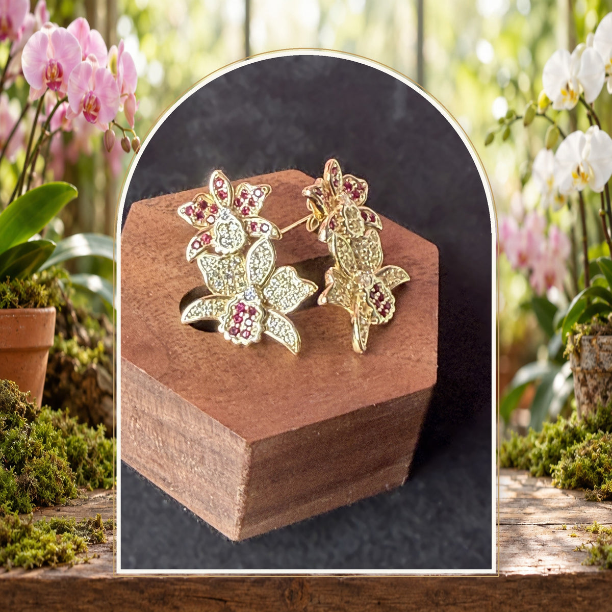 cattleya orchid drop earrings, ruby and red white, 14K gold plated sterling silver, pair on wood block – Orchidique