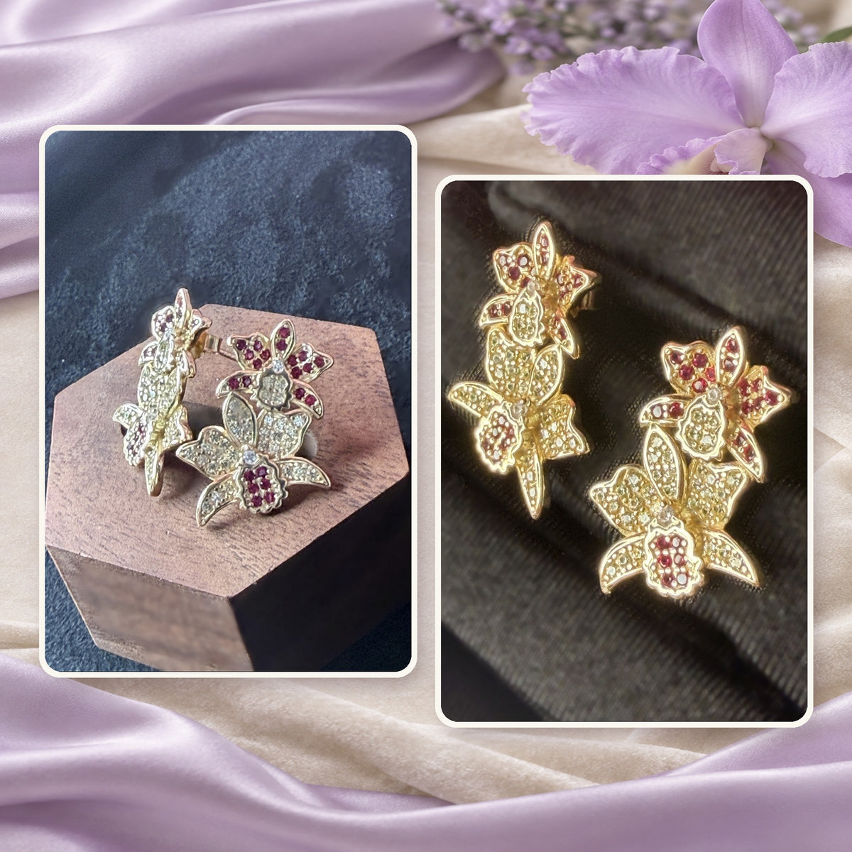 cattleya orchid drop earrings, ruby and red white, 14K gold plated sterling silver, product view – Orchidique