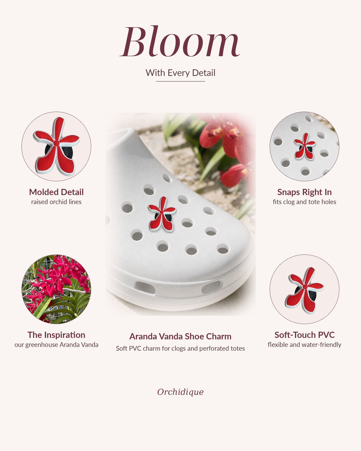 Aranda Vanda Shoe Charm, Bloom With Every Detail close-ups with the orchid that inspired it, Orchidique