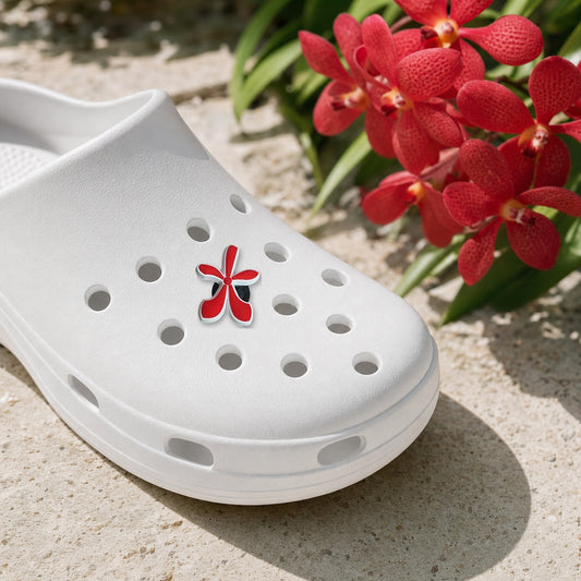 Aranda Vanda Shoe Charm, PVC orchid clog charm shown in use at true size, Orchidique