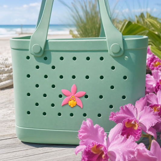 Cattleya Pink Bag Charm, PVC orchid tote bag charm shown in use at true size, Orchidique