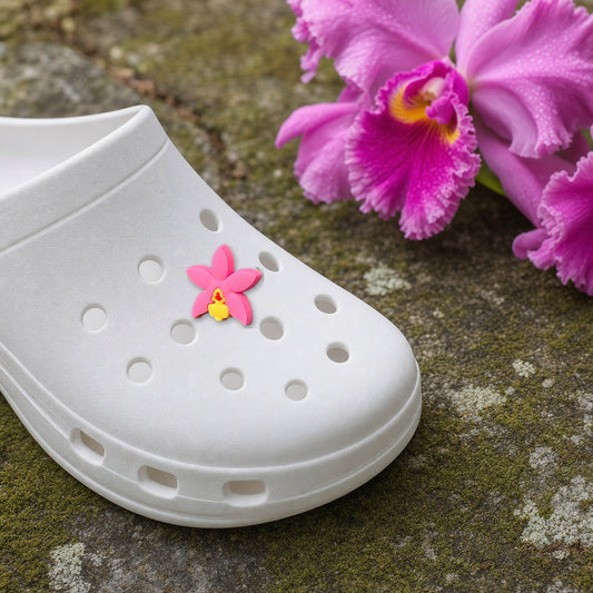 Cattleya Shoe Charm, PVC orchid clog charm shown in use at true size, Orchidique