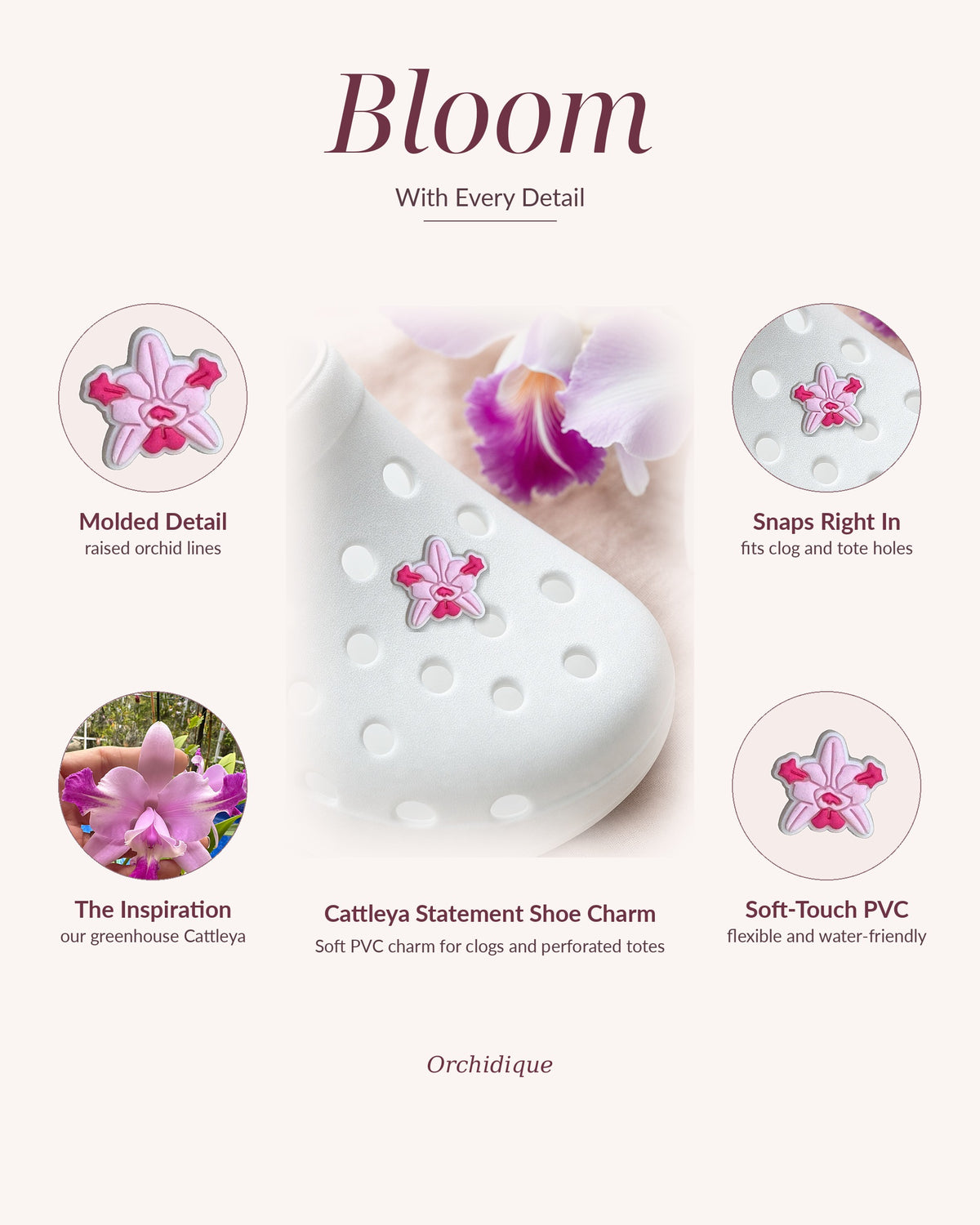 cattleya orchid shoe charm, pvc, detail view – Orchidique