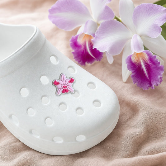 Cattleya Statement Shoe Charm, PVC orchid clog charm shown in use at true size, Orchidique