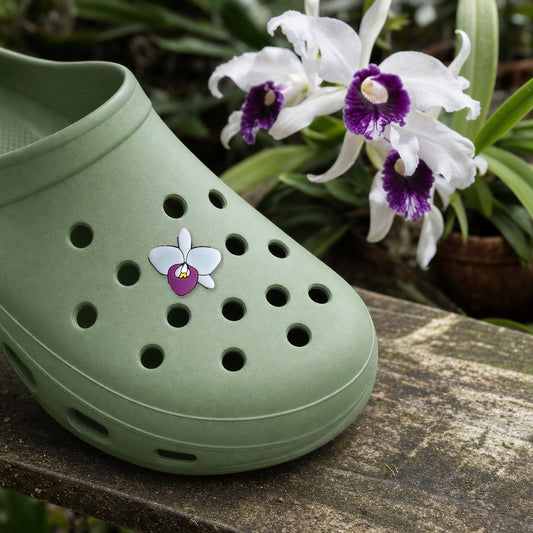 Cattlianthe Shoe Charm, PVC orchid clog charm shown in use at true size, Orchidique
