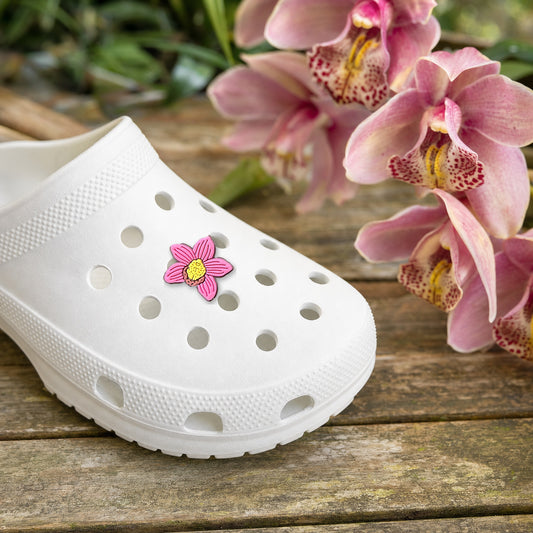 Cymbidium Shoe Charm, PVC orchid clog charm shown in use at true size, Orchidique
