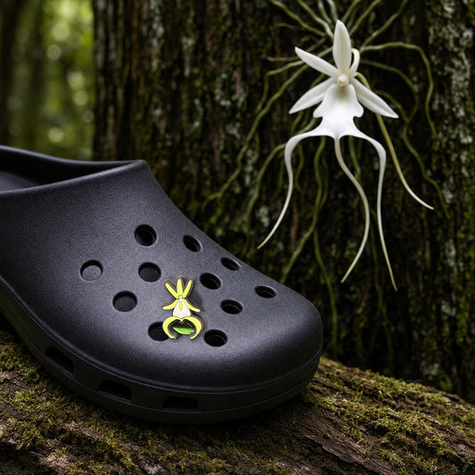 Ghost Orchid Shoe Charm, PVC orchid clog charm shown in use at true size, Orchidique