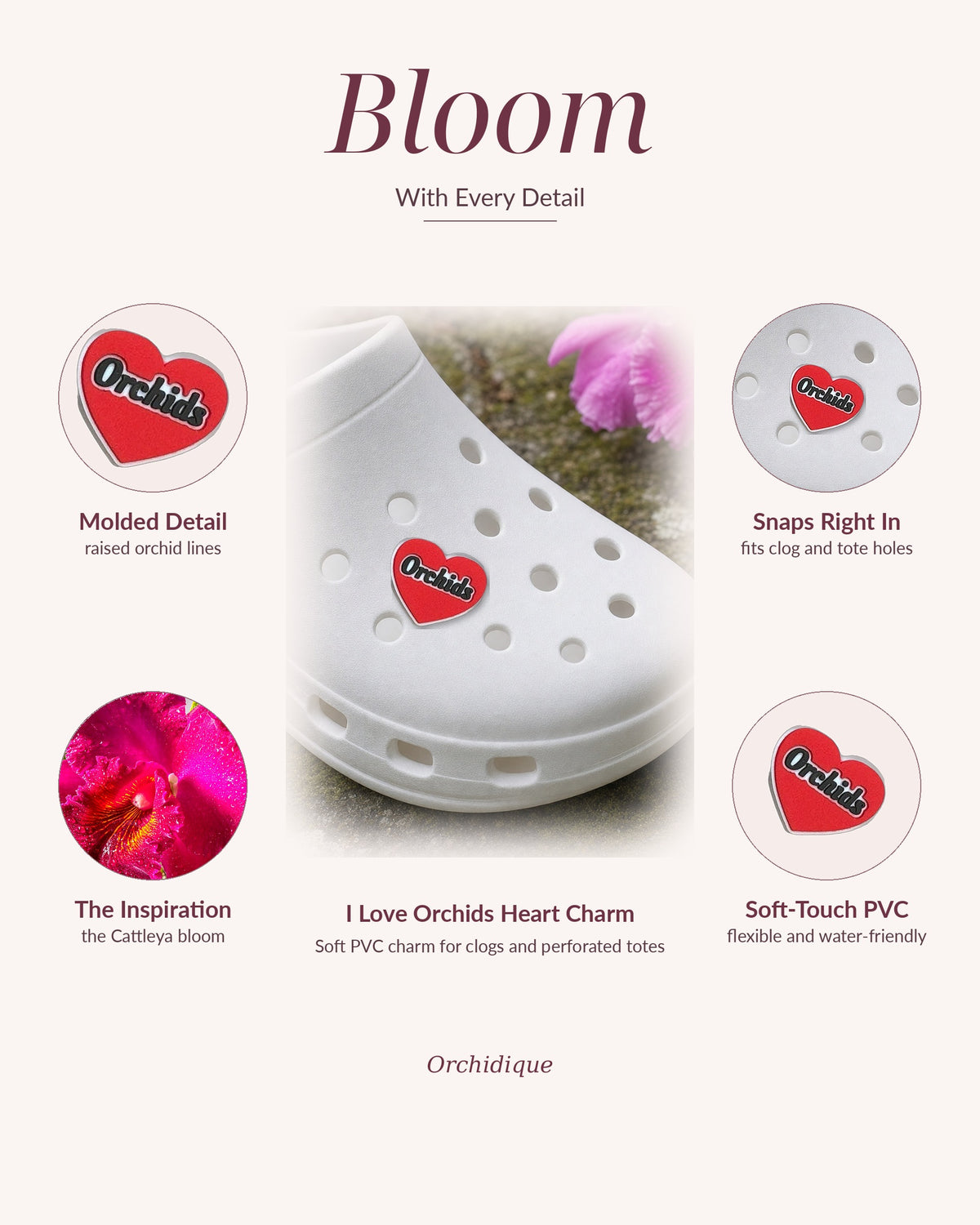 I Love Orchids Heart Charm, Bloom With Every Detail close-ups with the orchid that inspired it, Orchidique